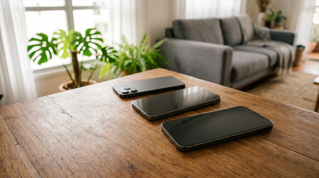Três celulares com as telas apagadas sobre a mesa de madeira