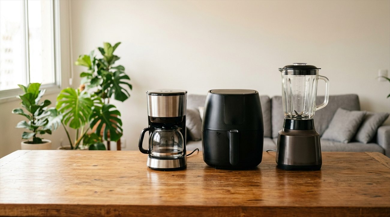 Cafeteira, air fryer e liquidificador sobre a mesa de madeira